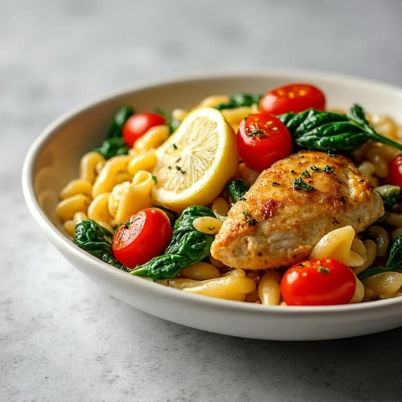Lemon Garlic Chicken Pasta with Fresh Spinach and Cherry Tomatoes