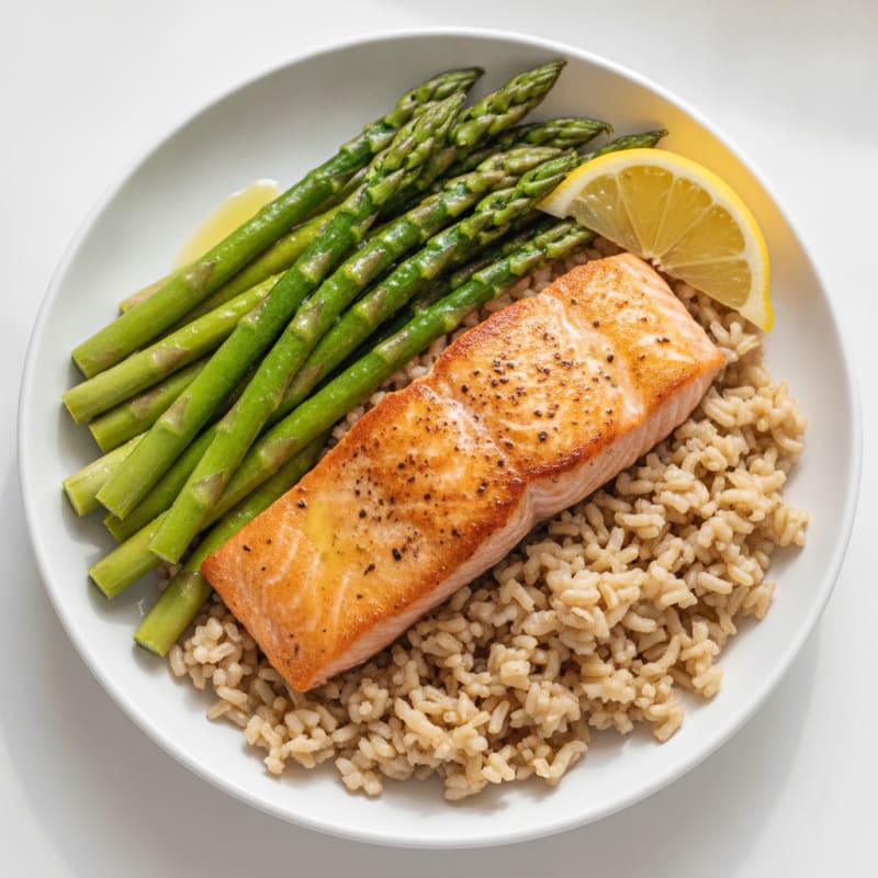 Seared Salmon with Steamed Asparagus and Brown Rice