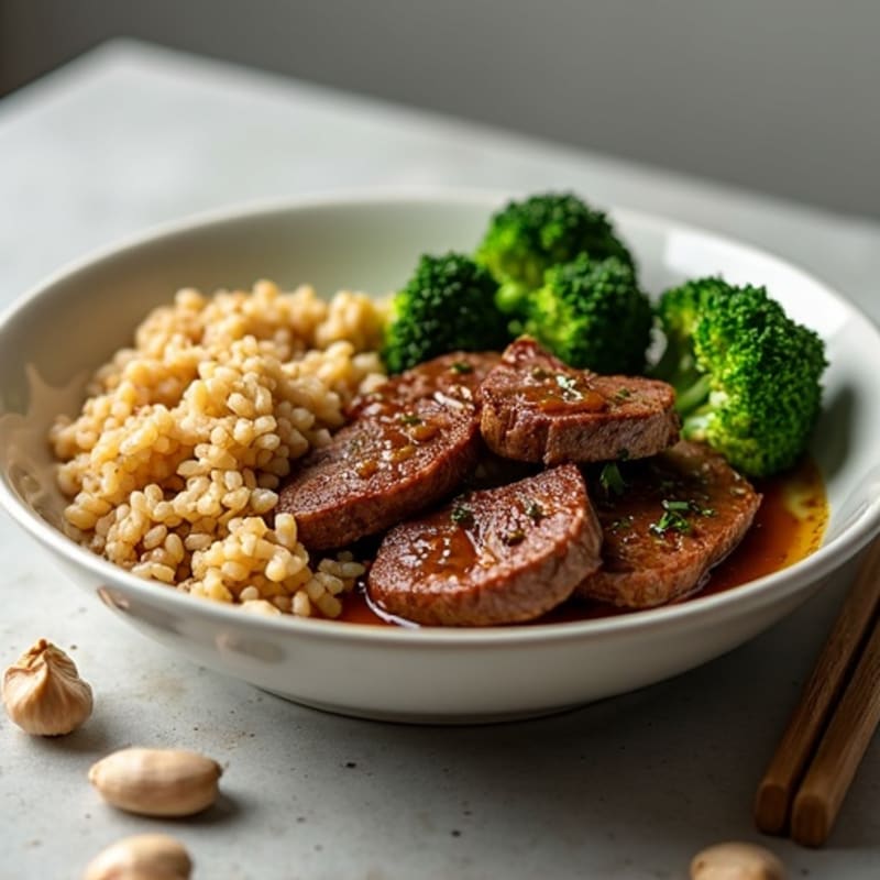 Savory Garlic-Ginger Beef and Crispy Broccoli with Brown Rice