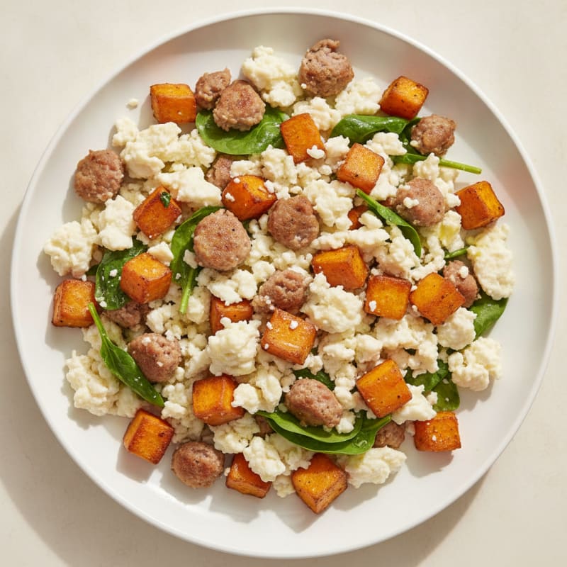 Egg White Scramble with Turkey Sausage and Roasted Sweet Potatoes