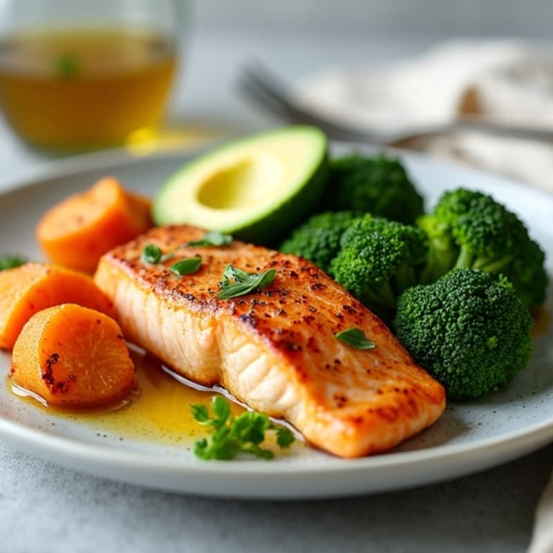 Seared Salmon with Roasted Sweet Potatoes and Steamed Broccoli