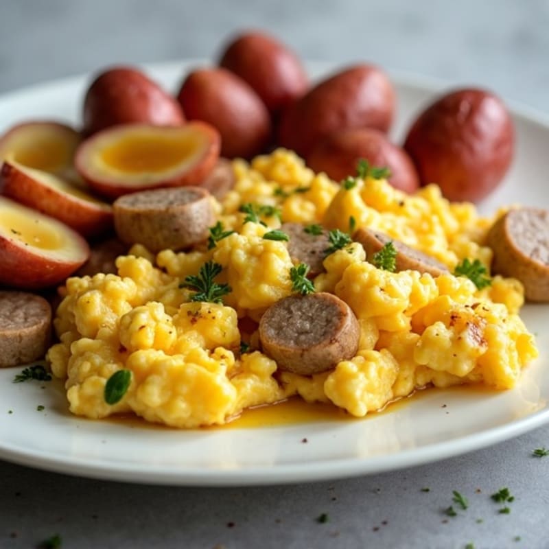 Egg White and Chicken Sausage Scramble with Roasted Potatoes