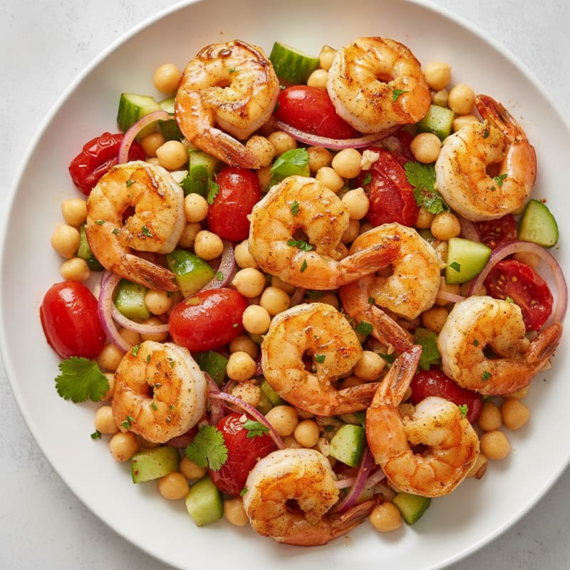 Grilled Lemon-Garlic Shrimp with Chickpea and Tomato Salad