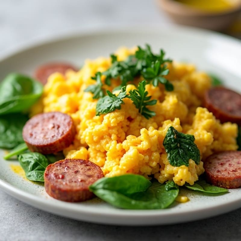 Fluffy Egg Scramble with Lean Turkey Sausage and Fresh Spinach