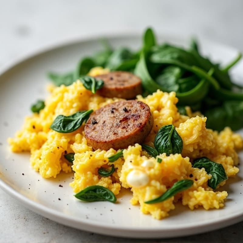 Egg White and Turkey Sausage Scramble with Sautéed Spinach