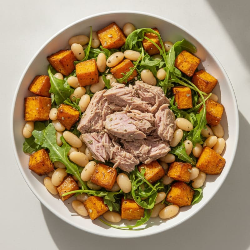 Tuna with Roasted Sweet Potato and Arugula