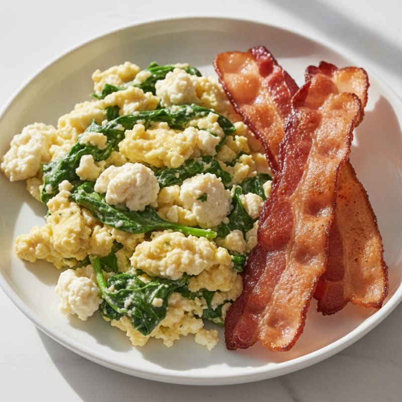 Cottage Cheese Egg Scramble with Spinach and Turkey Bacon