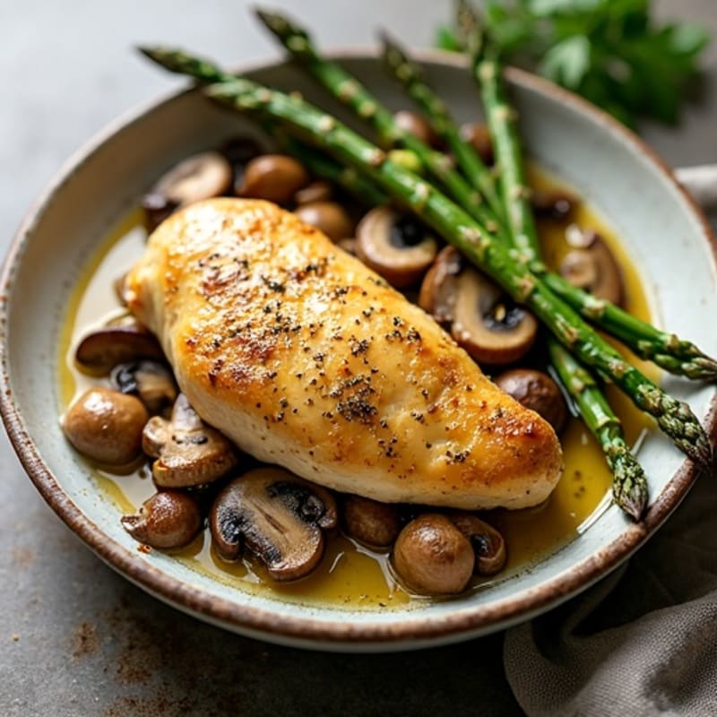 Sheet Pan Garlic Butter Mushroom and Chicken with Roasted Asparagus