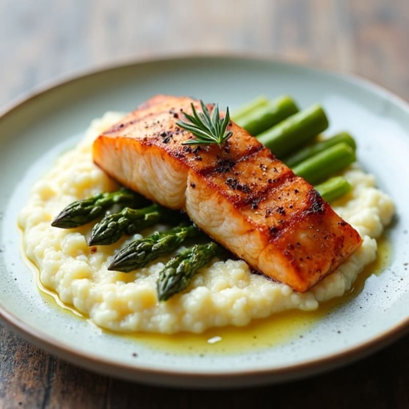 Seared Salmon Fillet with Roasted Asparagus and Cauliflower Mash