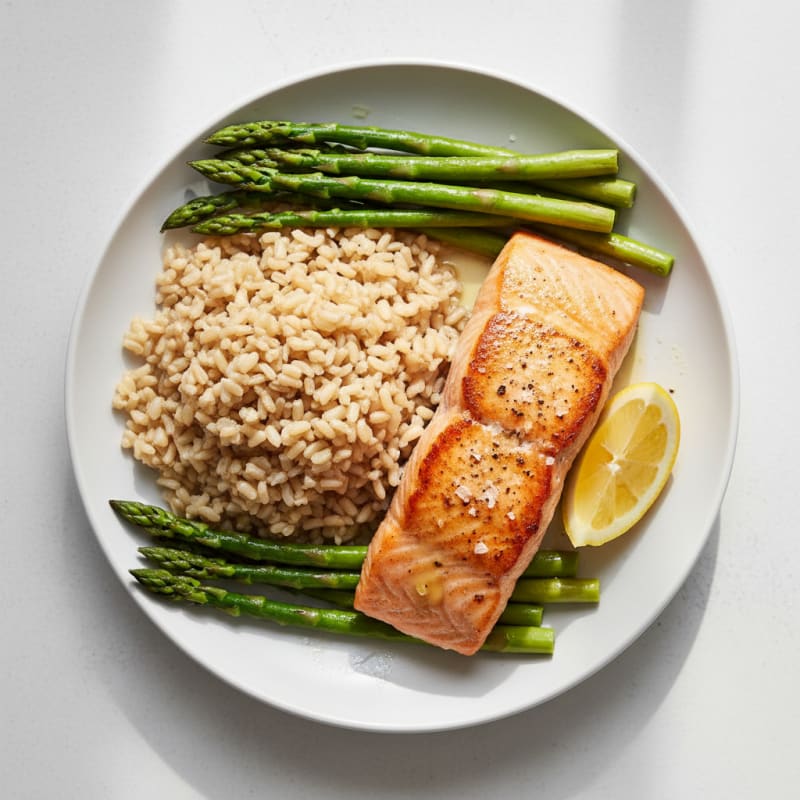 Seared Salmon with Steamed Asparagus and Brown Rice