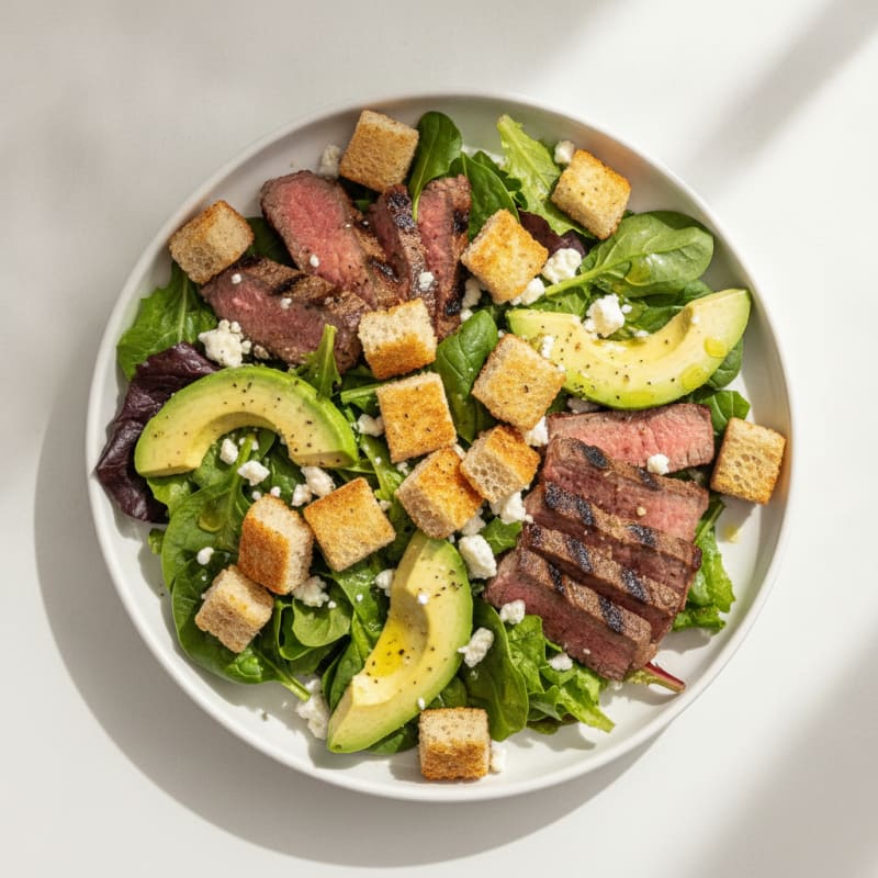 Grilled Beef and Avocado Salad with Toasted Bread Cubes