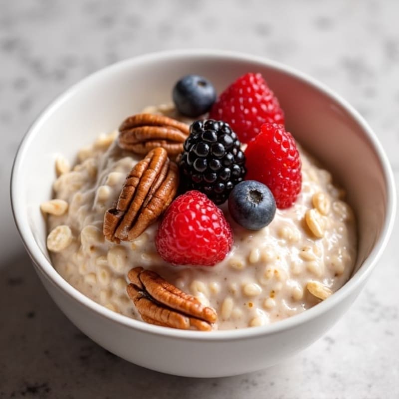 Creamy Vanilla Protein Oatmeal Bowl with Mixed Berries and Toasted Pecans