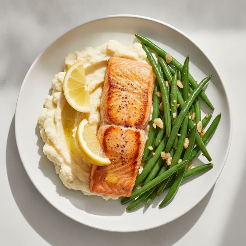 Seared Salmon with Garlic Green Beans and Mashed Cauliflower