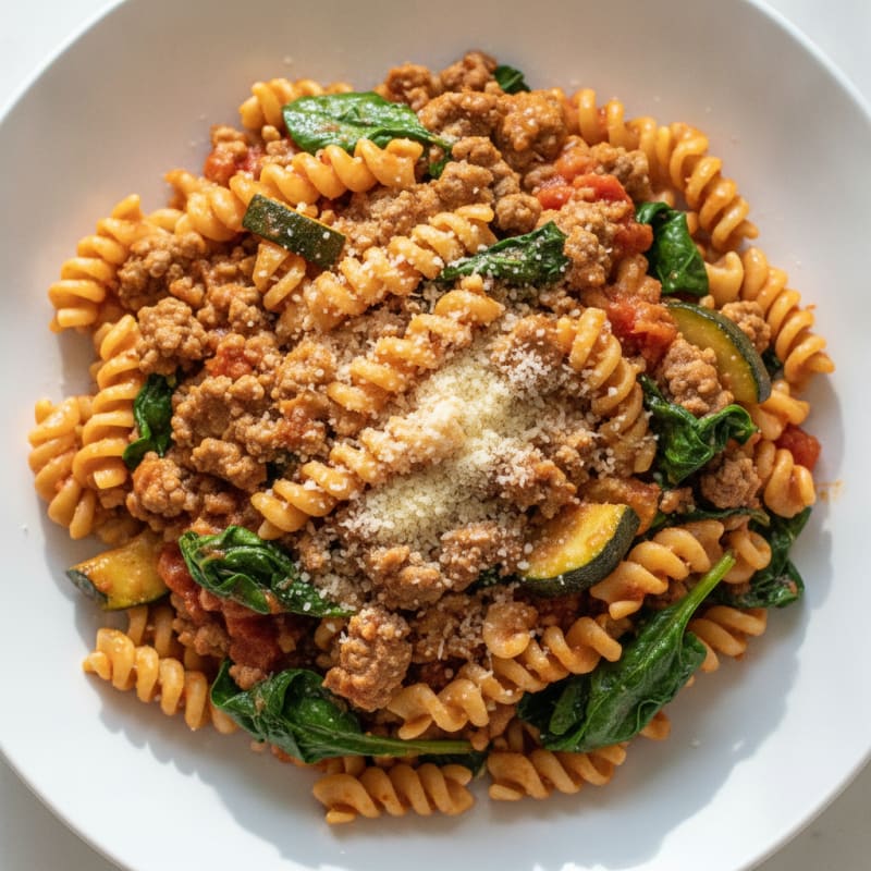 Lean Beef Pasta with Spinach and Tomato Sauce