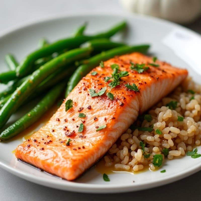 Seared Salmon Fillet with Garlic Green Beans and Brown Rice