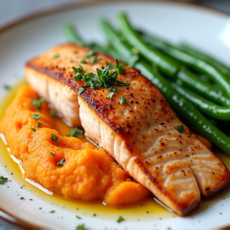 Seared Salmon with Steamed Green Beans and Sweet Potato Mash