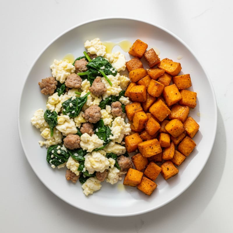 Egg White and Turkey Sausage Scramble with Spinach and Roasted Sweet Potatoes