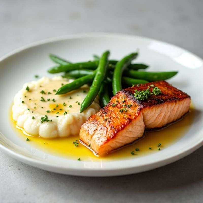 Seared Salmon with Steamed Green Beans and Cauliflower Mash