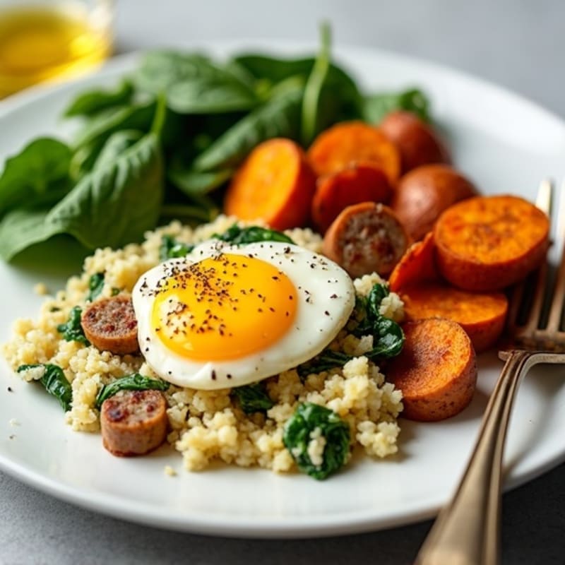 Egg White and Turkey Sausage Scramble with Spinach and Roasted Sweet Potato