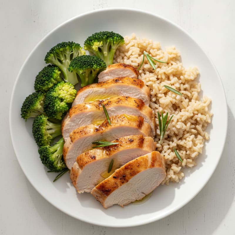 Herb-Roasted Turkey Breast with Steamed Broccoli and Brown Rice