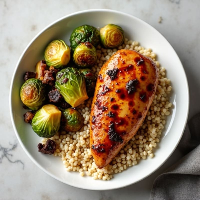 Balsamic Glazed Chicken with Crispy Roasted Brussels Sprouts and Fluffy Quinoa