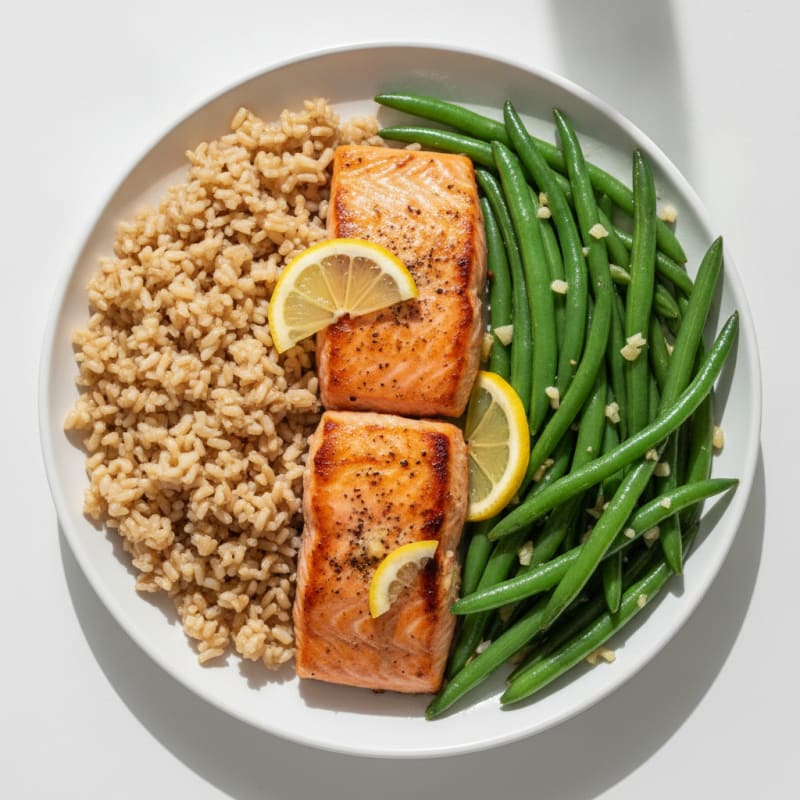Seared Salmon with Garlic Green Beans and Brown Rice