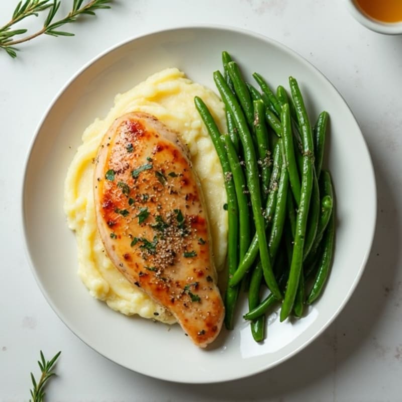 Garlic Herb Roasted Chicken with Creamy Garlic Mashed Potatoes and Crispy Green Beans
