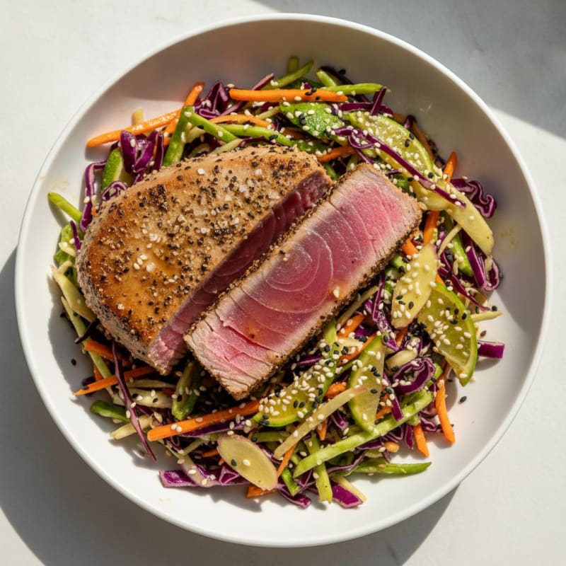 Seared Tuna Steak with Crunchy Cabbage Slaw