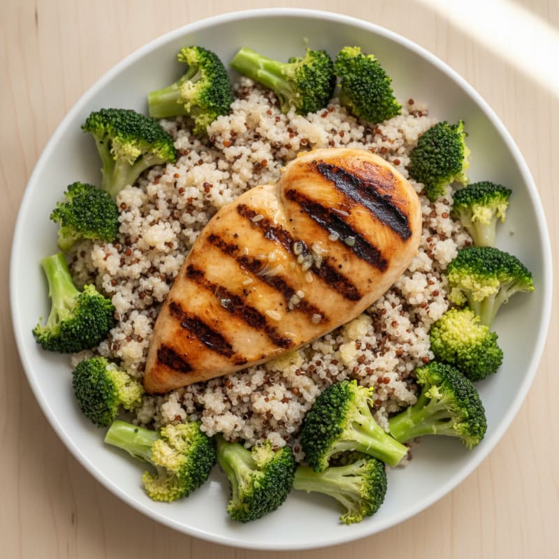 Grilled Chicken Breast with Steamed Broccoli and Quinoa