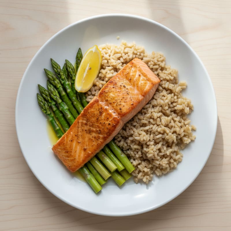 Seared Salmon with Steamed Asparagus and Brown Rice