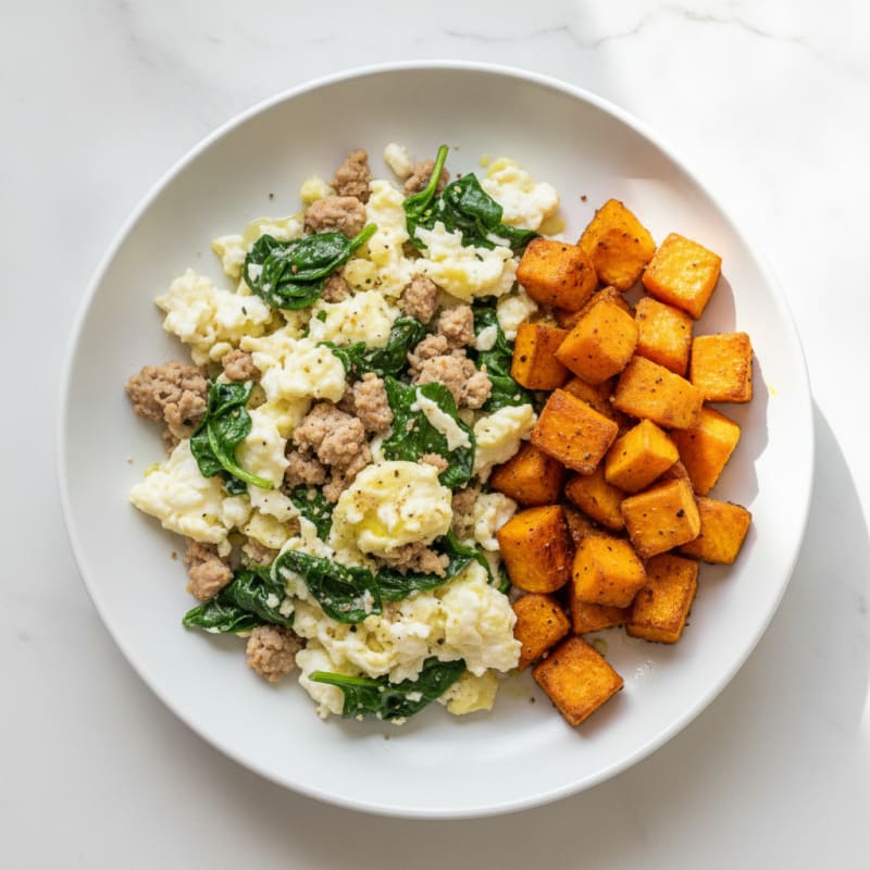 Egg White and Turkey Spinach Scramble with Roasted Sweet Potato