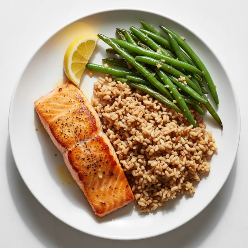 Pan-Seared Salmon with Garlic Green Beans and Brown Rice