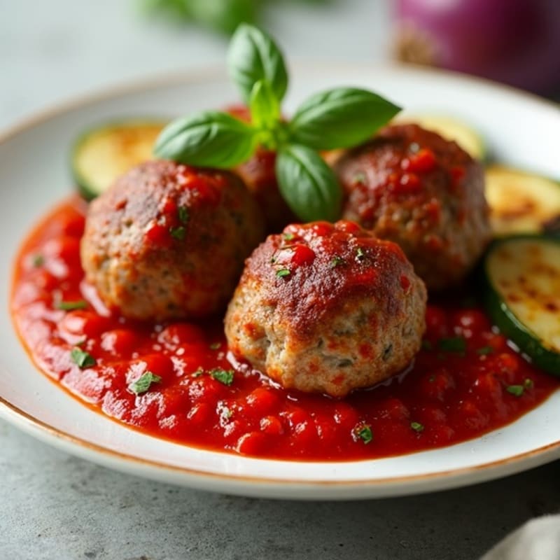 Juicy Lean Beef Meatballs with Fresh Marinara and Roasted Vegetables