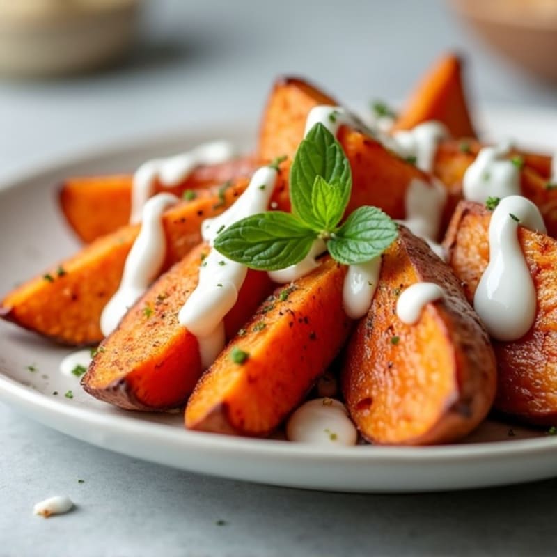 Cinnamon-Maple Roasted Sweet Potato Wedges with Vanilla Yogurt Drizzle