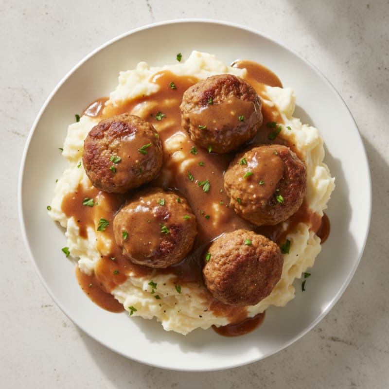 Homestyle Meatballs with Gravy and Mashed Potatoes
