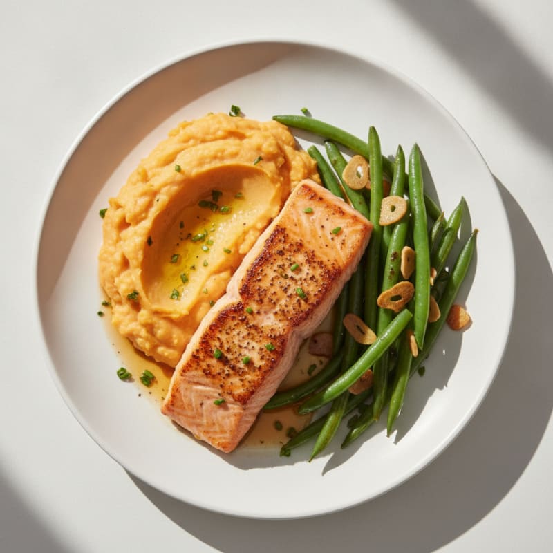 Seared Salmon Fillet with Garlic Green Beans and Sweet Potato Mash