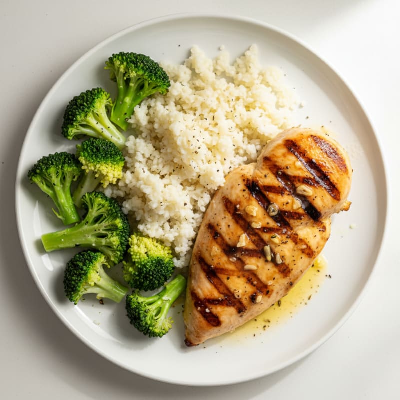 Grilled Chicken Breast with Steamed Broccoli and Cauliflower Rice