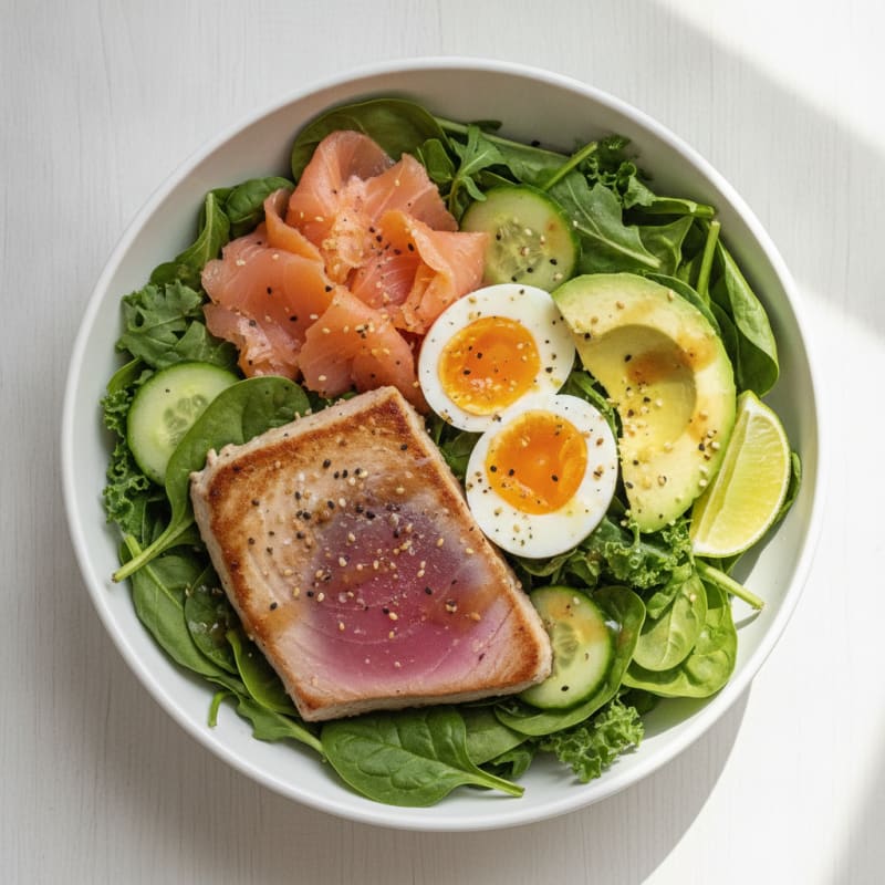 Seared Tuna and Salmon Salad Bowl