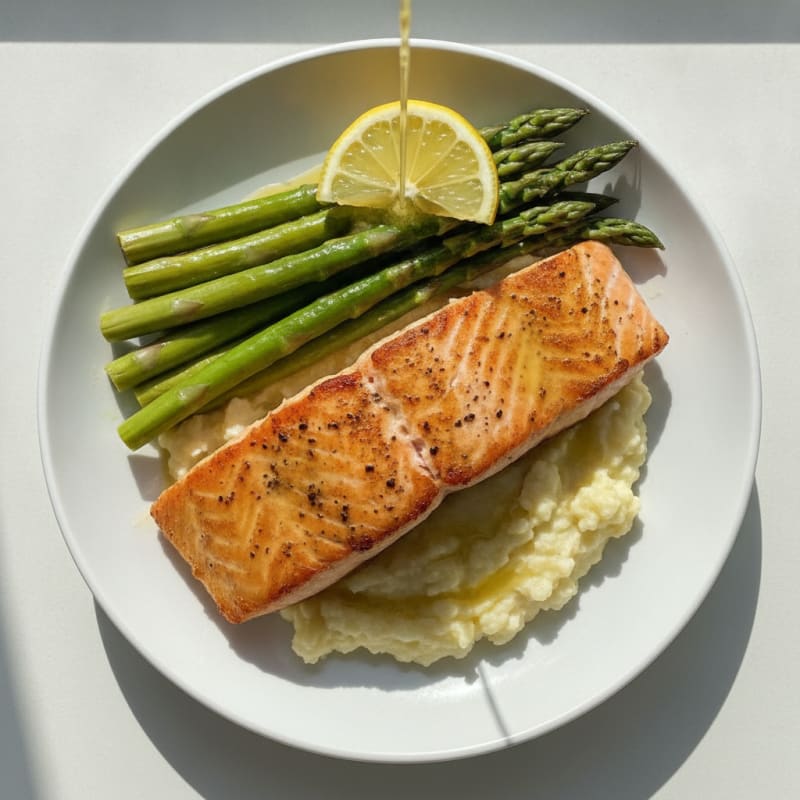 Seared Salmon with Steamed Asparagus and Cauliflower Mash