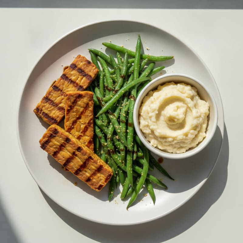 Grilled Tempeh with Garlic Green Beans and Cauliflower Mash