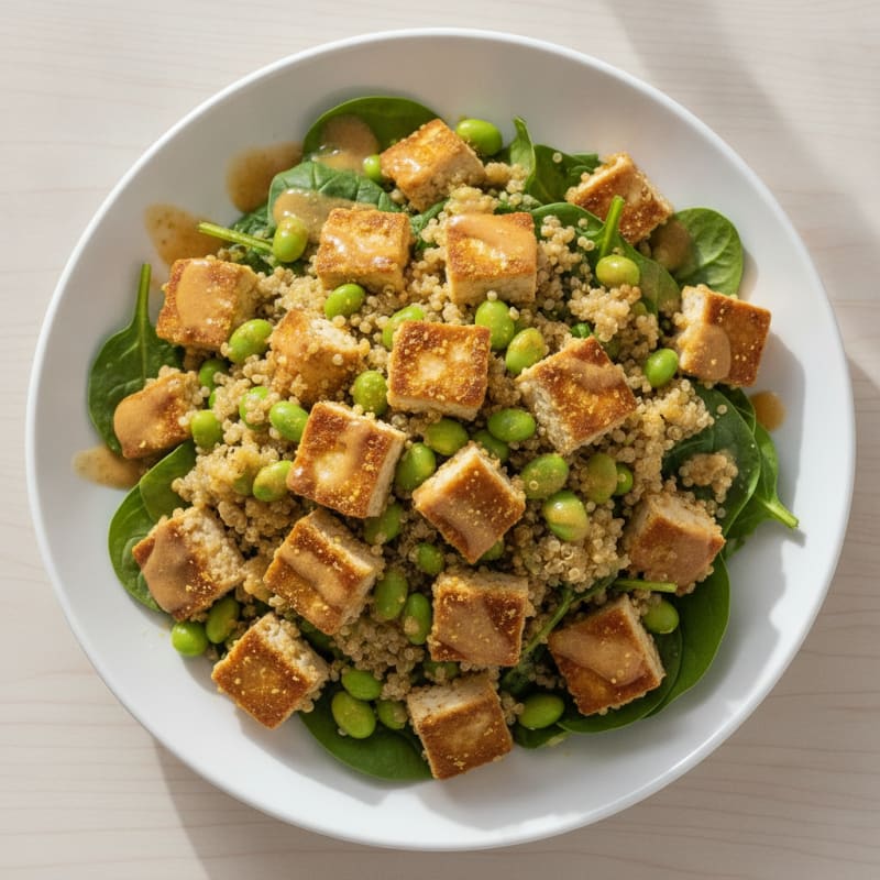 Crispy Tofu and Quinoa Power Salad with Edamame