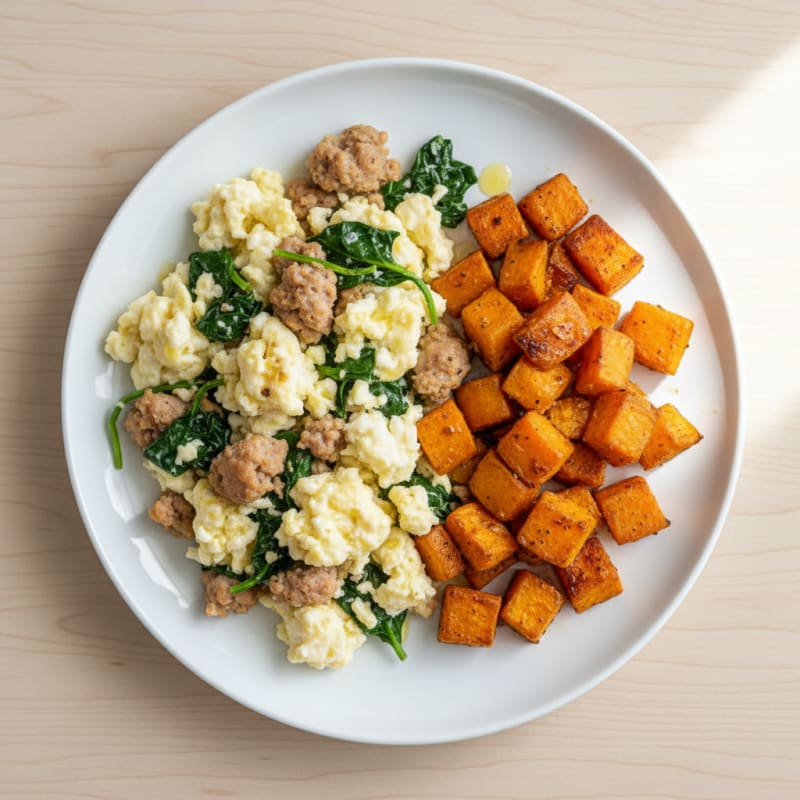 Egg White and Turkey Sausage Scramble with Spinach and Roasted Sweet Potato