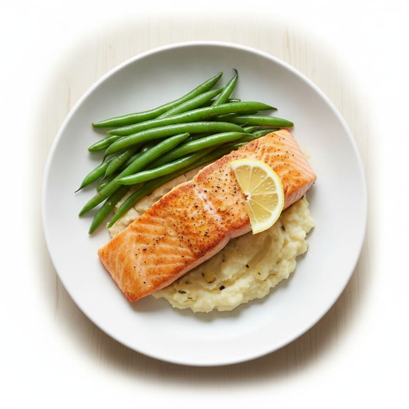 Seared Salmon with Steamed Green Beans and Cauliflower Mash