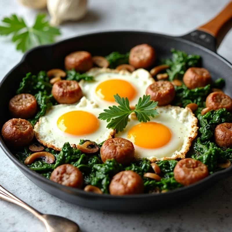 Crispy Garlic-Sautéed Mushroom and Spinach Egg Skillet
