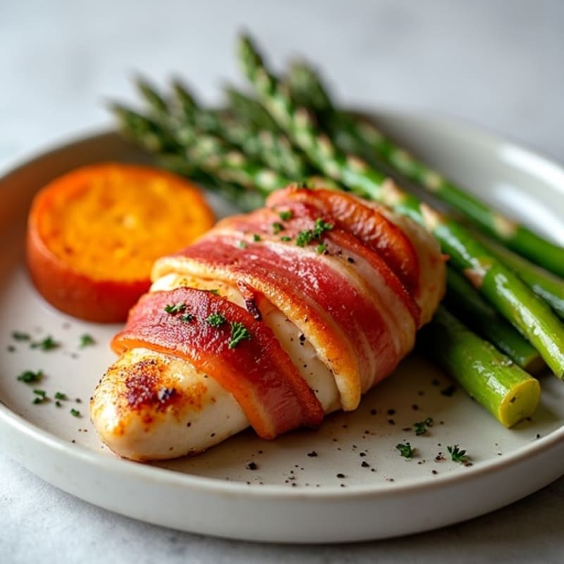 Crispy Bacon-Wrapped Lean Chicken Breast with Roasted Asparagus and Sweet Potato