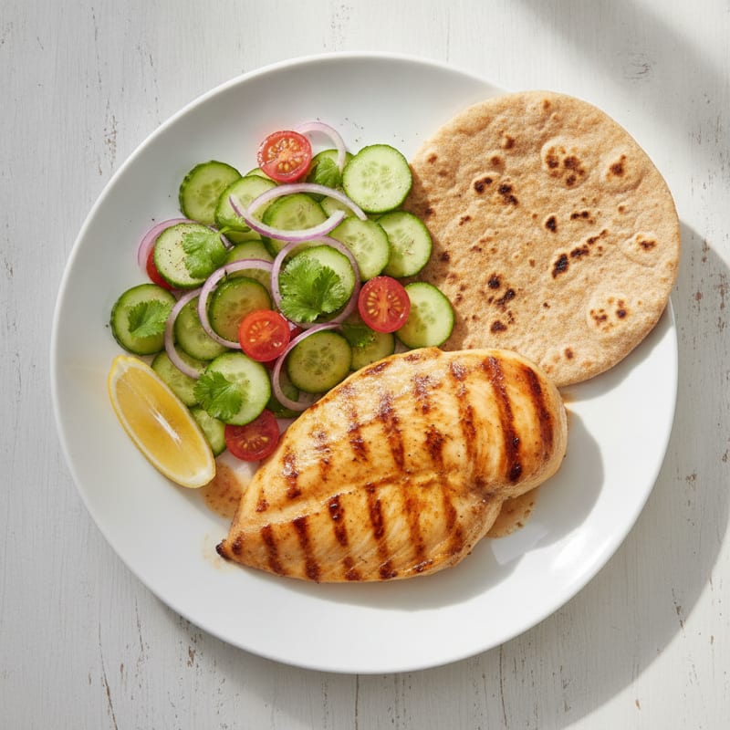 Grilled Chicken Breast with Cucumber Tomato Salad and Roti