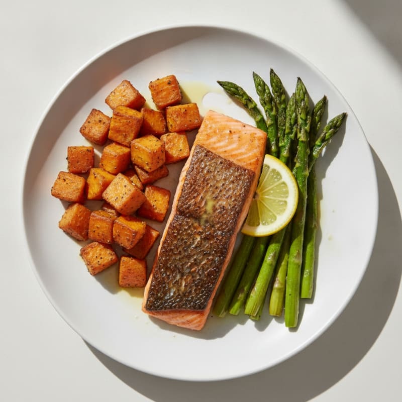 Seared Salmon Fillet with Roasted Sweet Potato and Asparagus