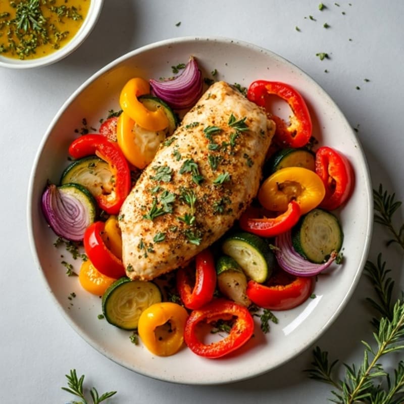 Herb-Crusted Sheet Pan Chicken with Roasted Rainbow Vegetables