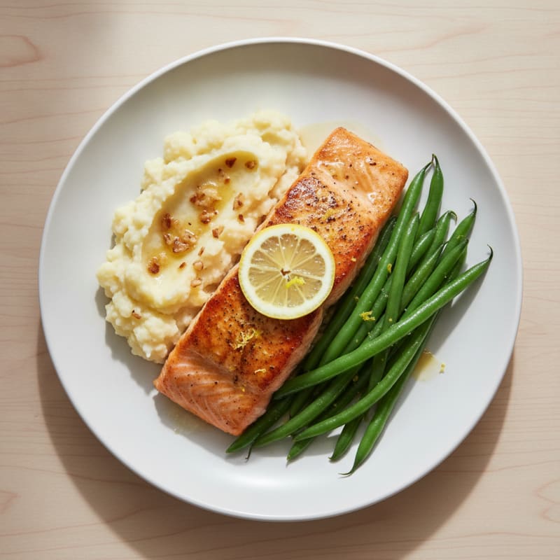 Seared Salmon with Steamed Green Beans and Garlic Mashed Cauliflower