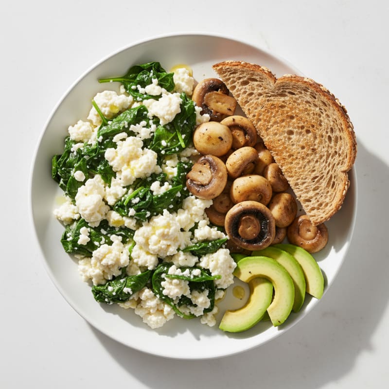 Egg White Spinach Scramble with Cottage Cheese and Sautéed Mushrooms